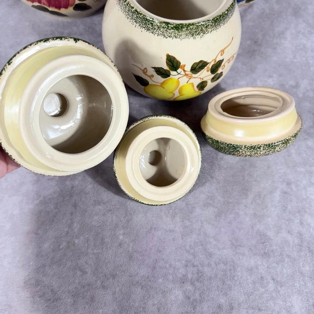 Vtg‎ Kenyield Fruit Canister Set 3pc Ceramic Jars Lids Apple Grape Pear Country